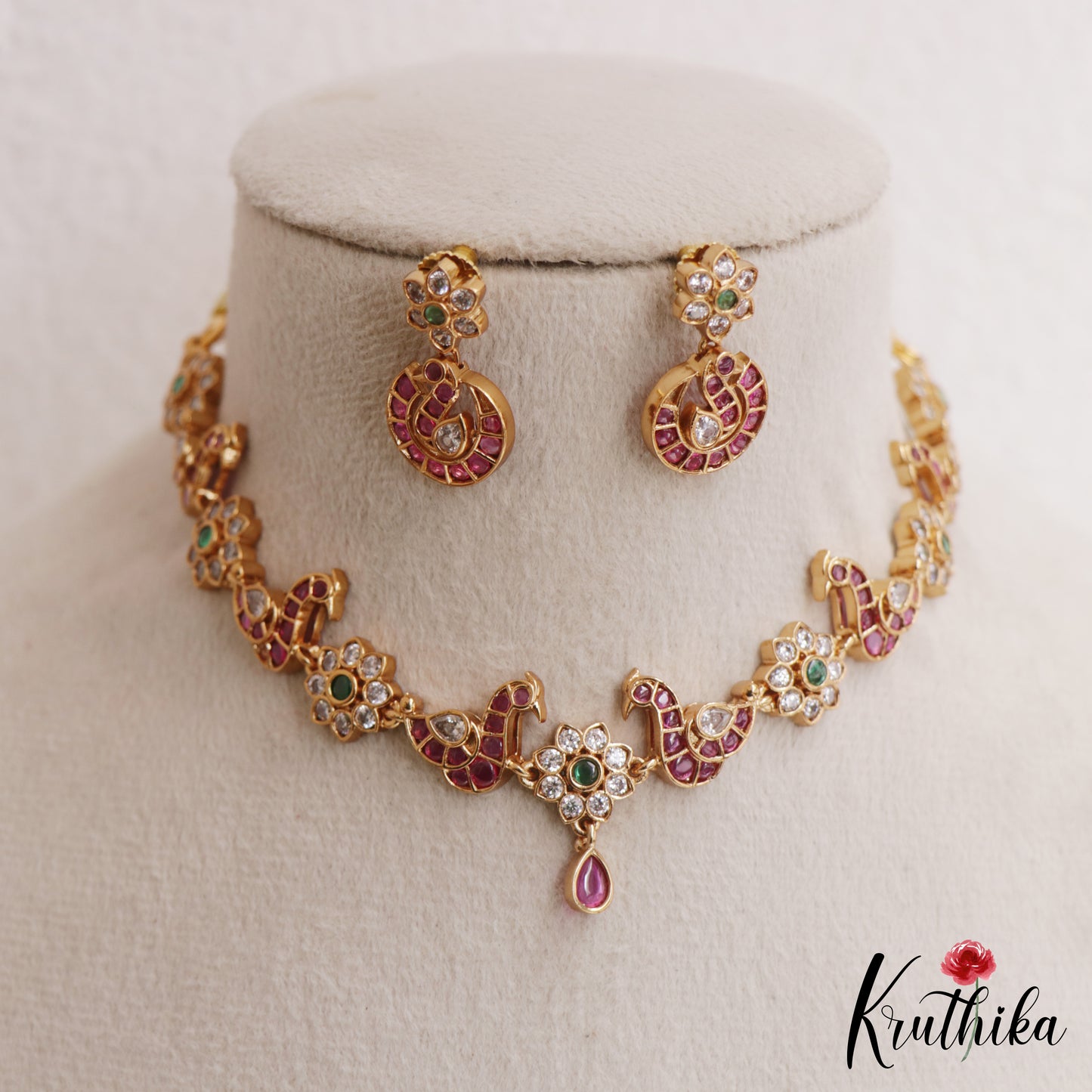 Elegant CZ Floral Peacock Motifs Kemp Choker NC3101