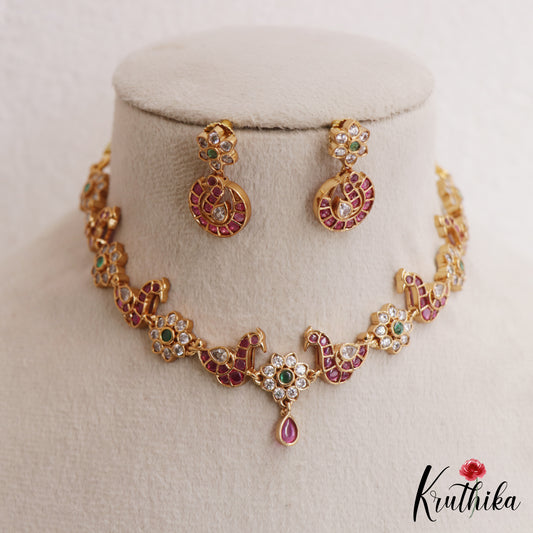 Elegant CZ Floral Peacock Motifs Kemp Choker NC3101