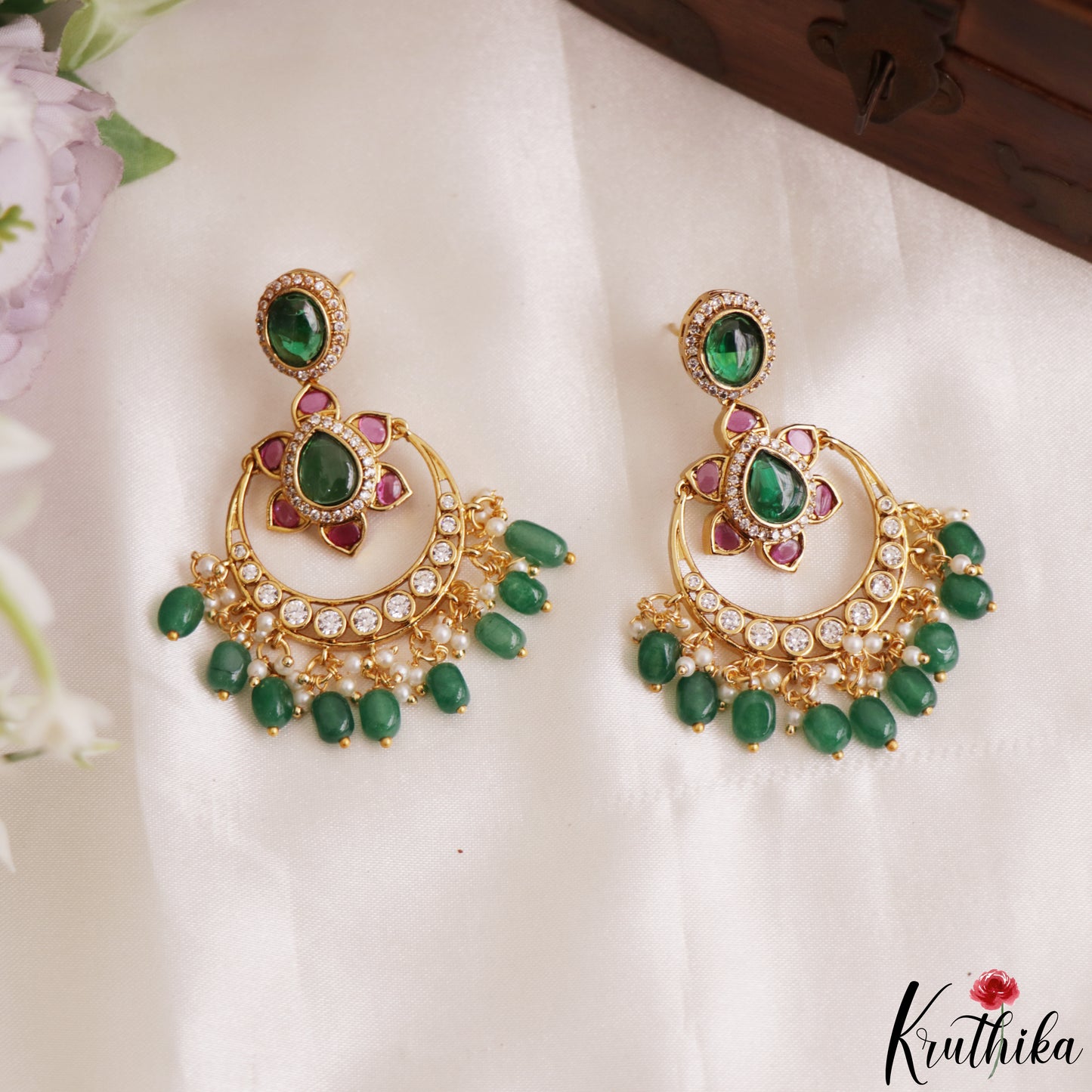 Trendy Floral Motifs Chandbali Earrings With Bead Drops E1202 (Available In 2 Colors)