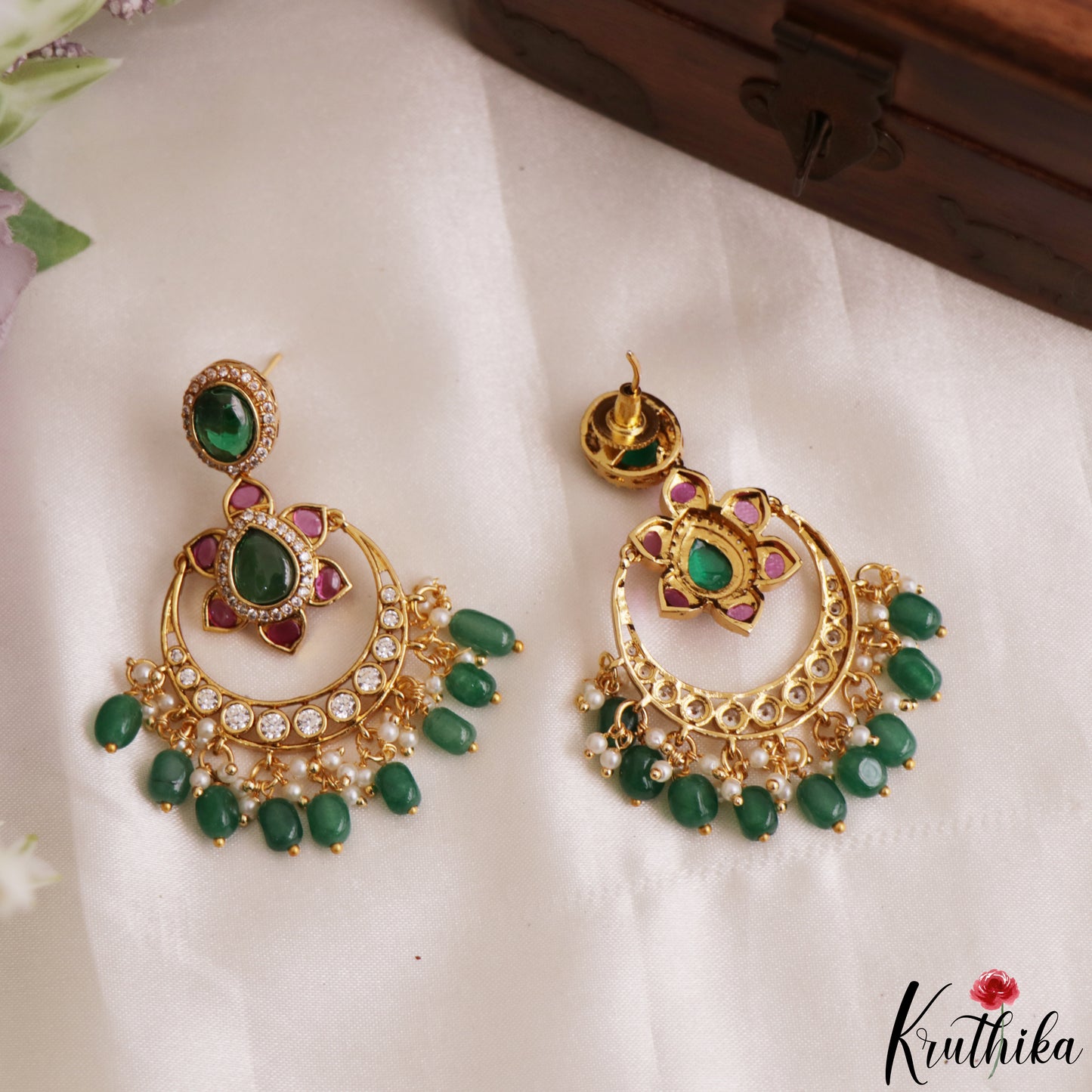 Trendy Floral Motifs Chandbali Earrings With Bead Drops E1202 (Available In 2 Colors)