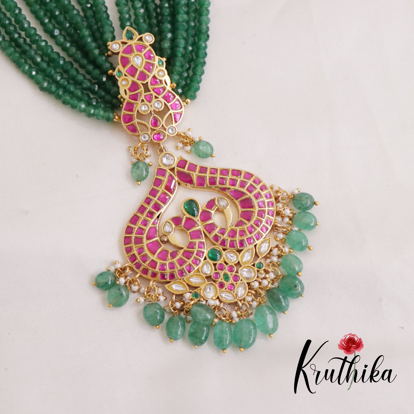 Trendy Multi-Layer Emerlad Beads Haaram with Peacock Heart-Shaped Pendant LH1985