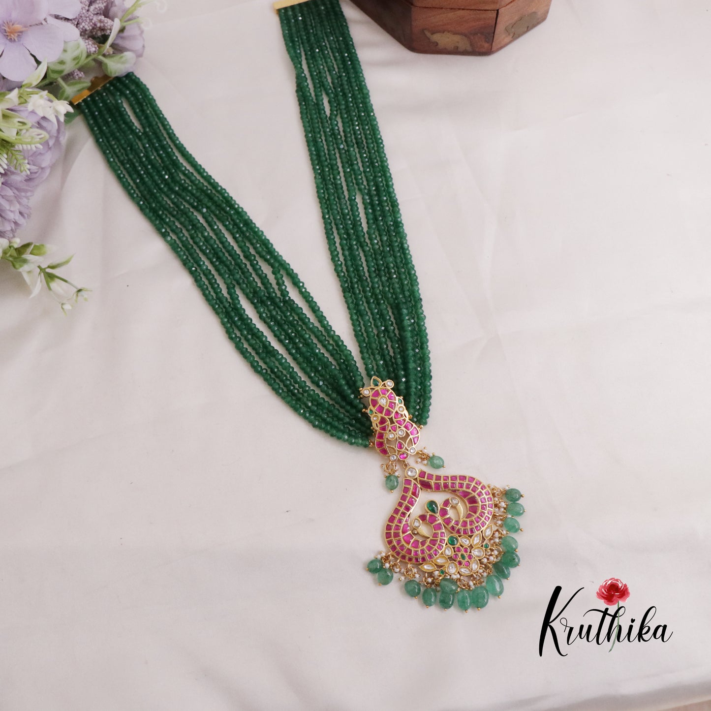 Trendy Multi-Layer Emerlad Beads Haaram with Peacock Heart-Shaped Pendant LH1985