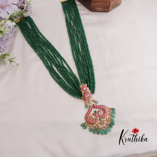 Trendy Multi-Layer Emerlad Beads Haaram with Peacock Heart-Shaped Pendant LH1985