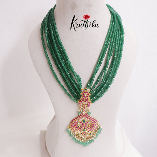 Trendy Multi-Layer Emerlad Beads Haaram with Peacock Heart-Shaped Pendant LH1985