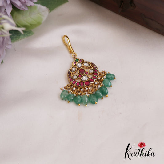 Elegant Jadau Maang Tikka With Green Bead Drops MT346