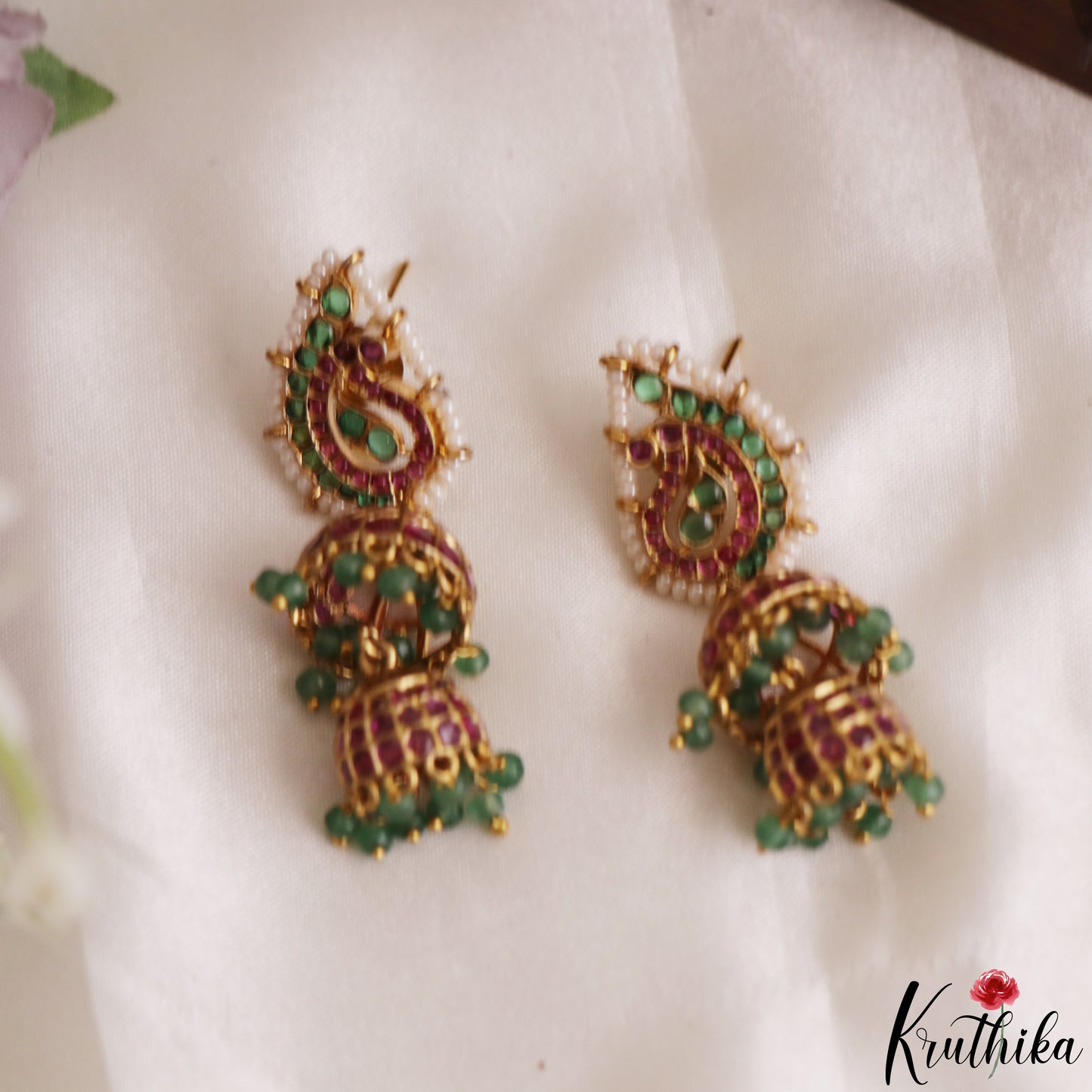 Classic Pearl Border Mango Motifs Kemp Jhumkas With Green Bead Drops E1203