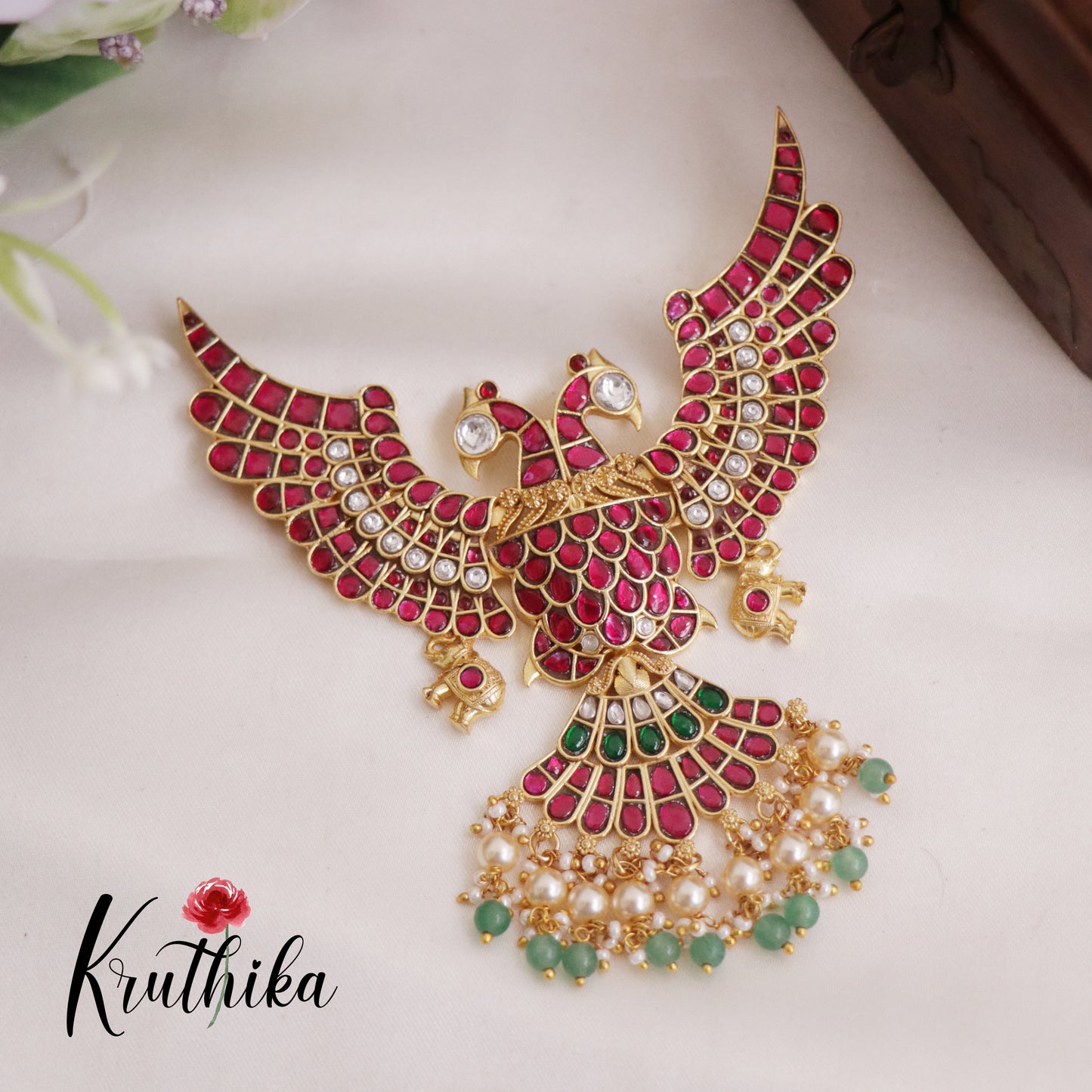Royal Garuda Jadau Pendant with Green Beads Drops PS236