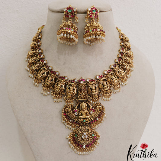 Gorgeous Antique Nagas Mango Lakshmi Motifs Jadau Necklace With Rice Pearl Drops NC3090