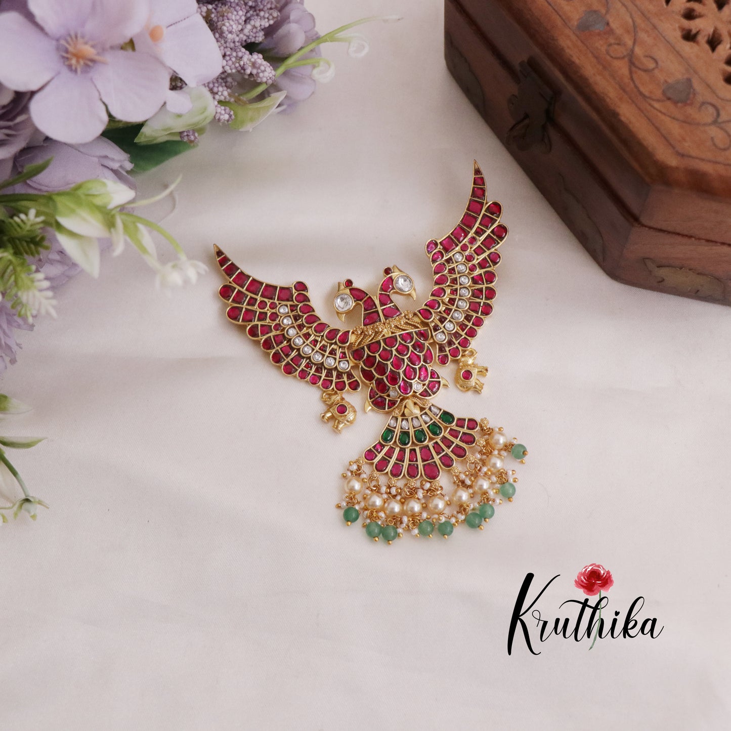 Royal Garuda Jadau Pendant with Green Beads Drops PS236
