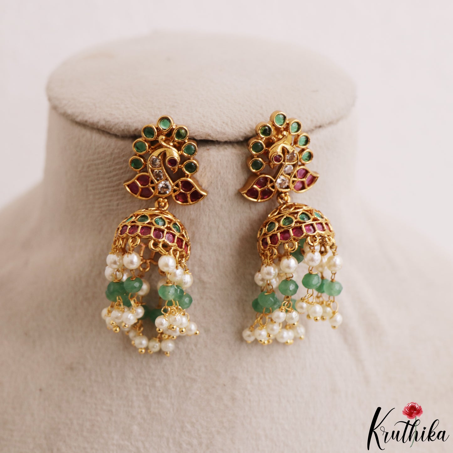 Elegant Peacock Motifs Kemp Jhumkas With Pearl Bead Drops E1204