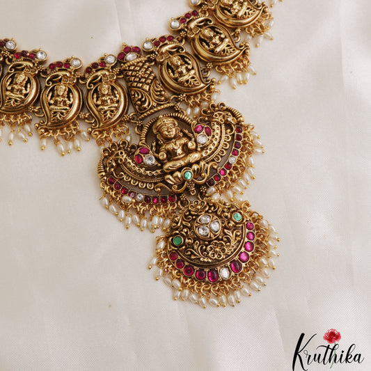 Gorgeous Antique Nagas Mango Lakshmi Motifs Jadau Necklace With Rice Pearl Drops NC3090