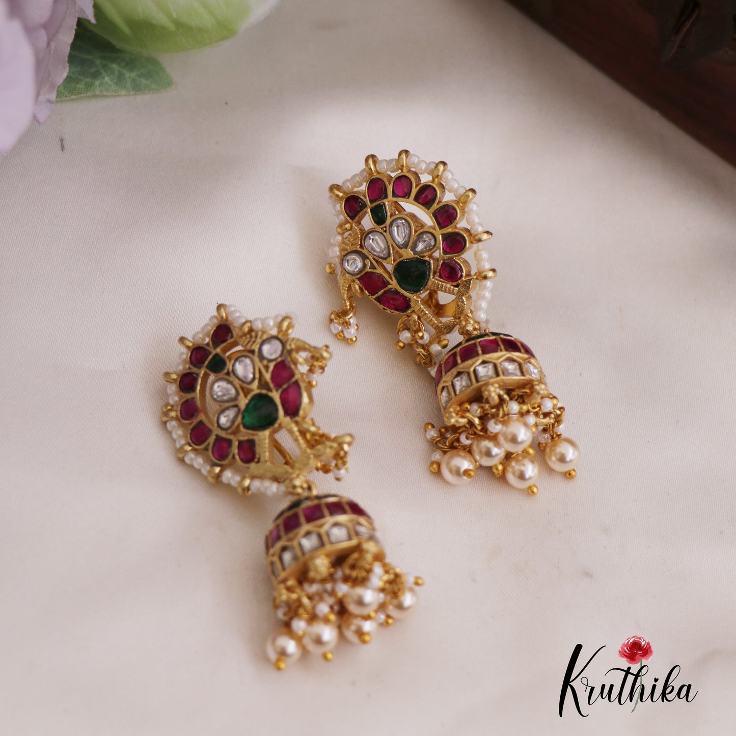 Beautiful Peacock Motifs Jadau Jhumkas With Pearl Drops E916