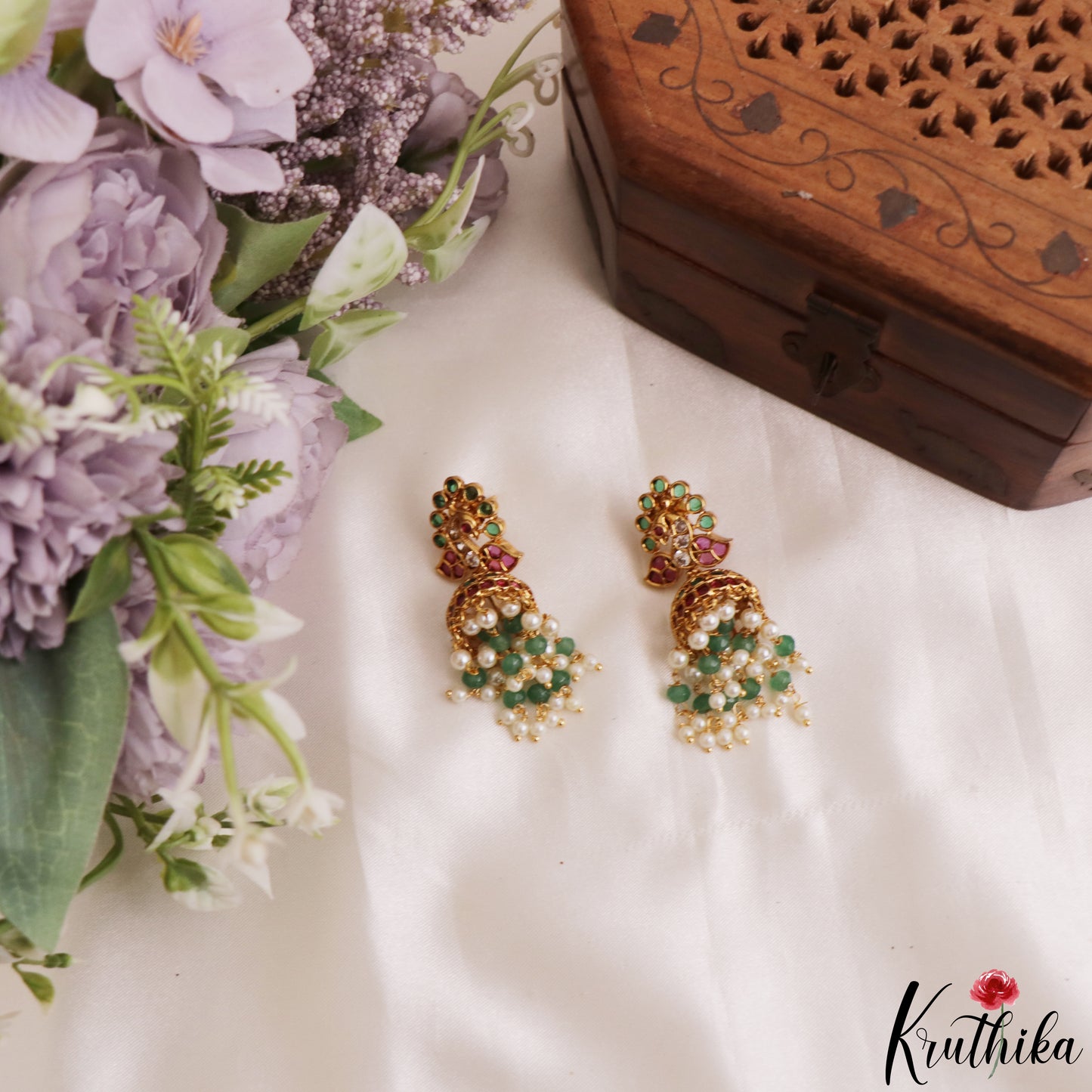 Elegant Peacock Motifs Kemp Jhumkas With Pearl Bead Drops E1204