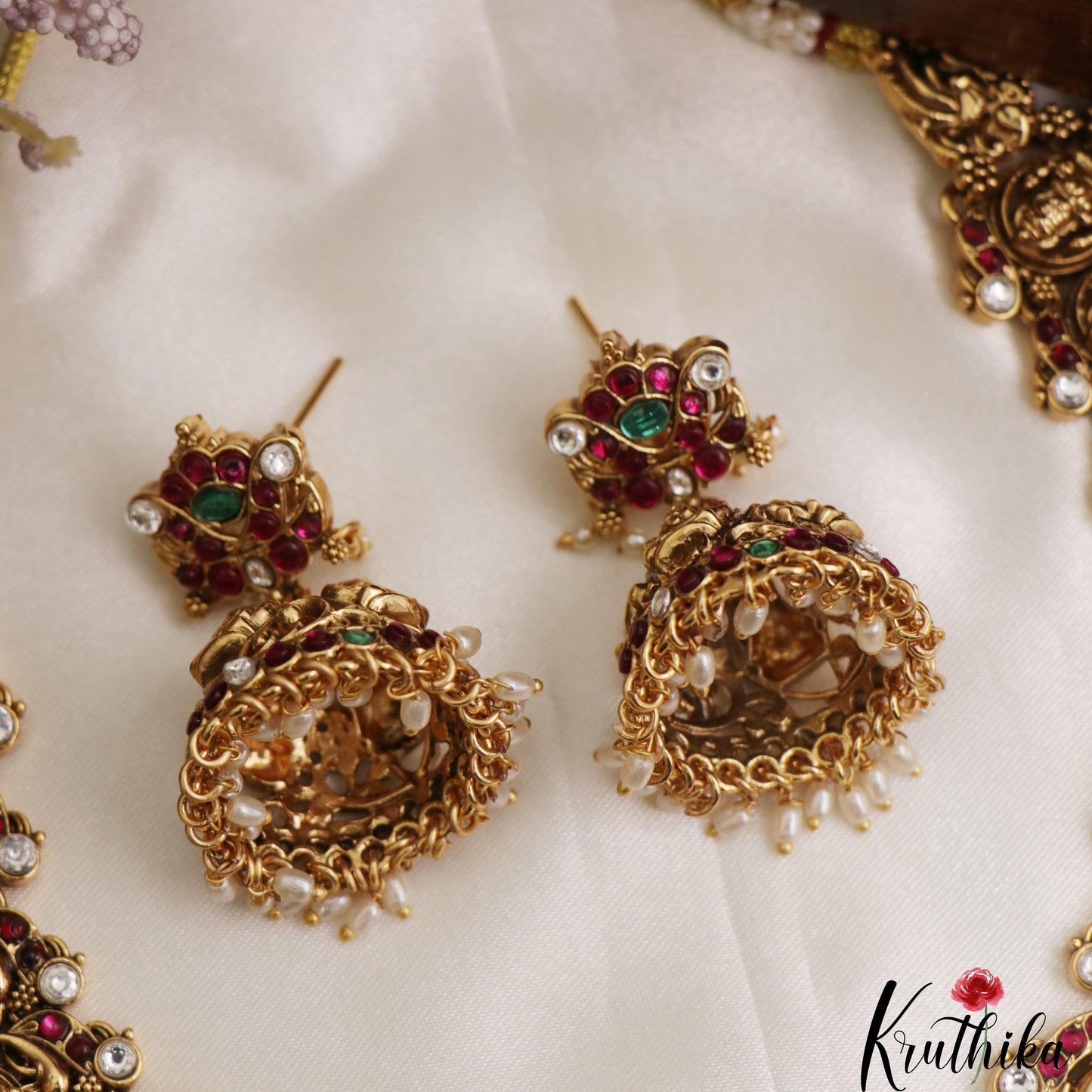 Gorgeous Antique Nagas Mango Lakshmi Motifs Jadau Necklace With Rice Pearl Drops NC3090