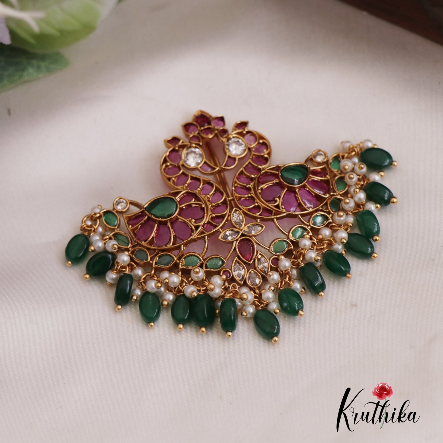 Beautiful Peacock Motifs Kemp Jada Billa With Green Bead Drops J349
