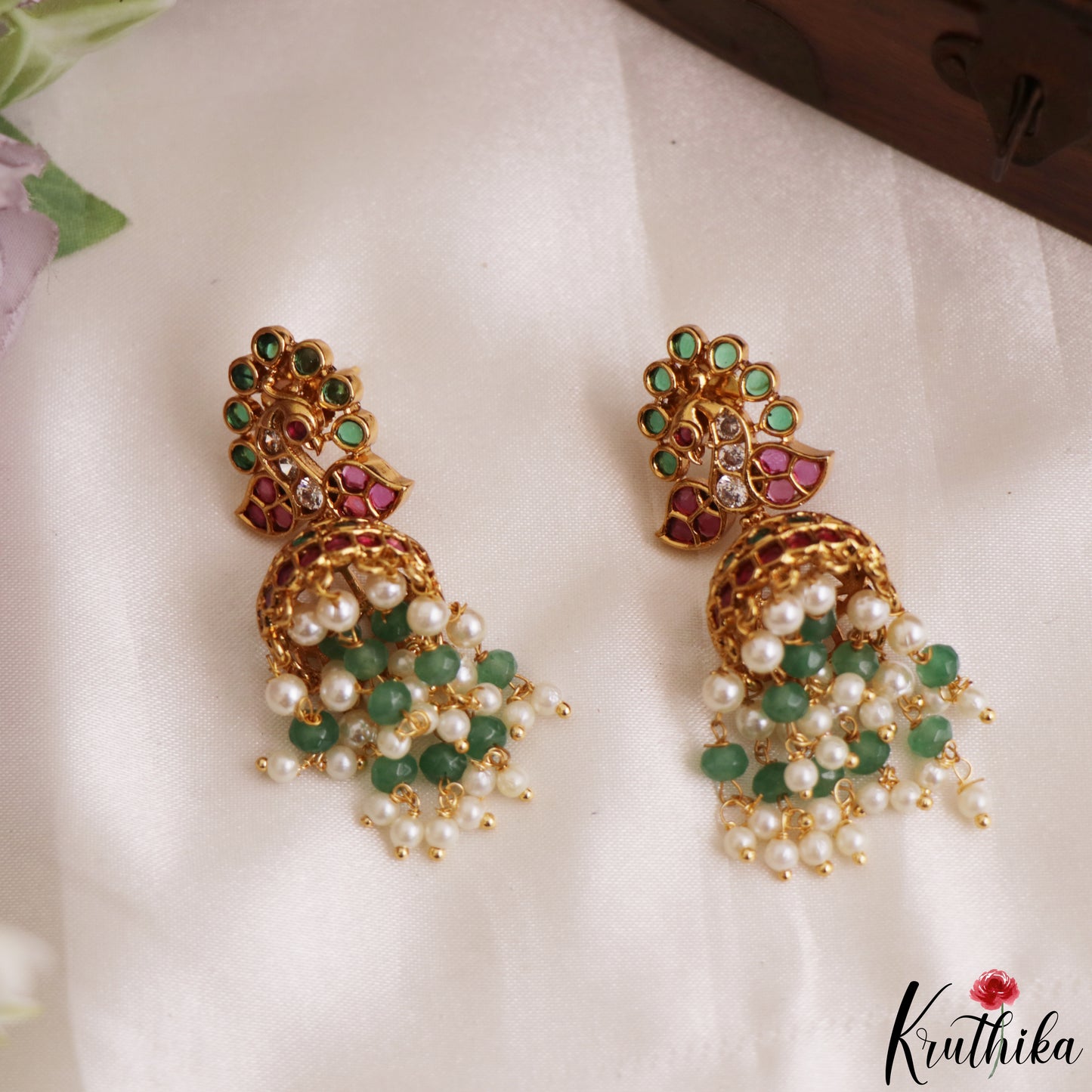 Elegant Peacock Motifs Kemp Jhumkas With Pearl Bead Drops E1204
