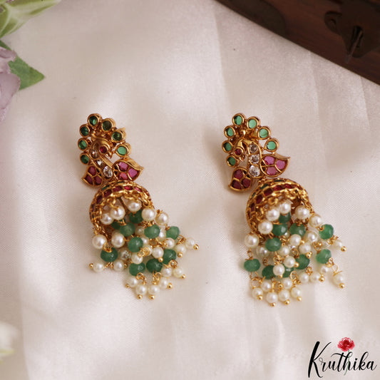Elegant Peacock Motifs Kemp Jhumkas With Pearl Bead Drops E1204