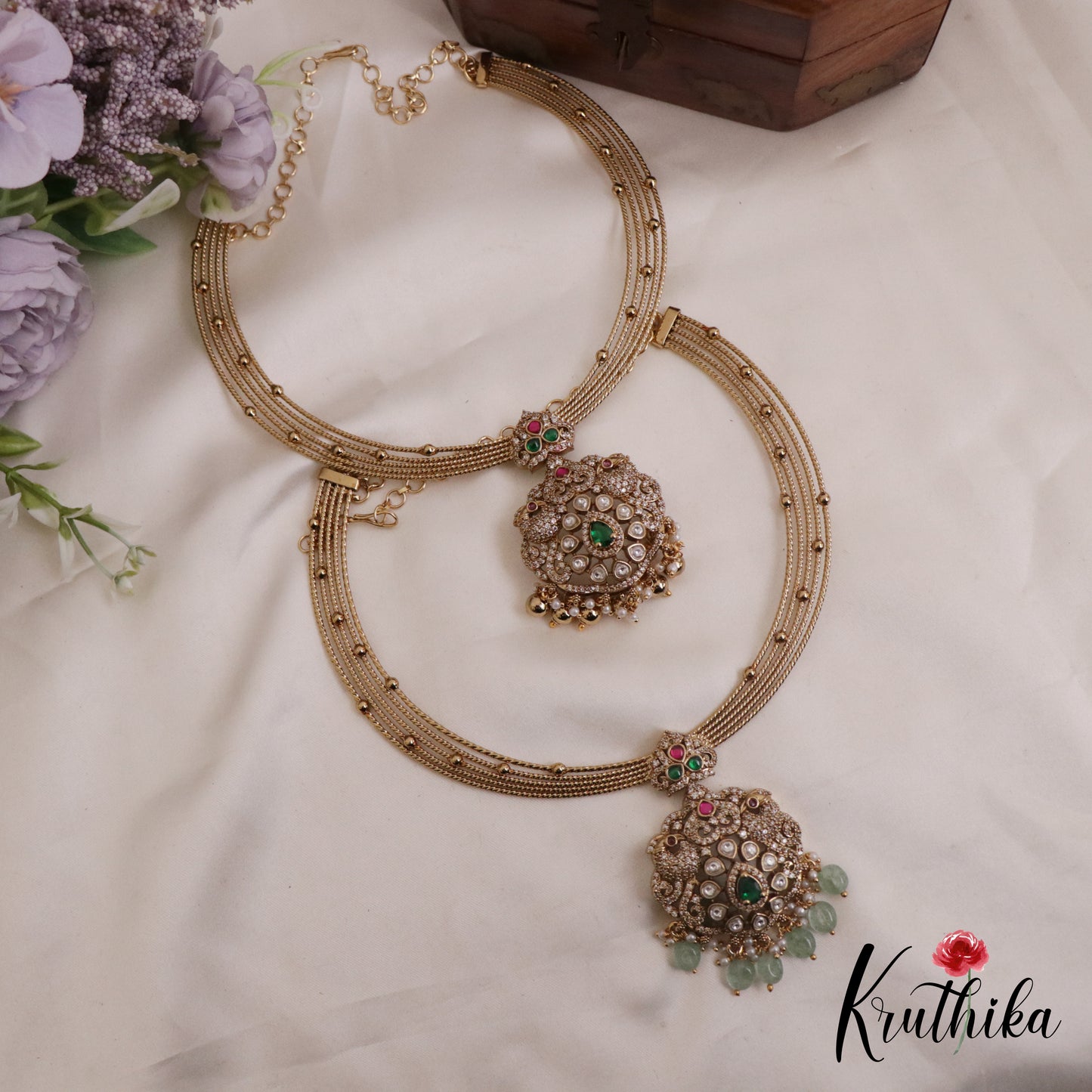 Beautiful AD Victorian Jadau Peacock Hasli Necklace with Beads Drops NC2343 (Available in 2 colours)