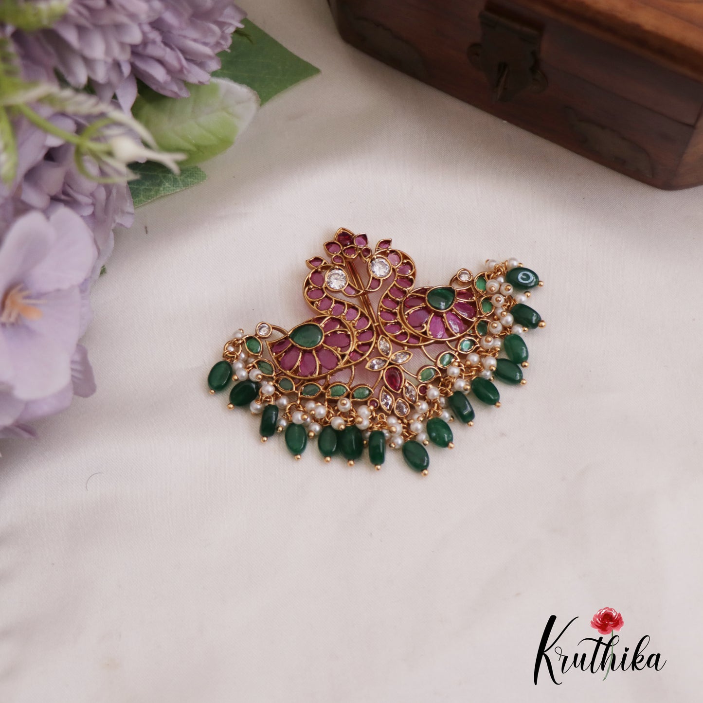 Beautiful Peacock Motifs Kemp Jada Billa With Green Bead Drops J349