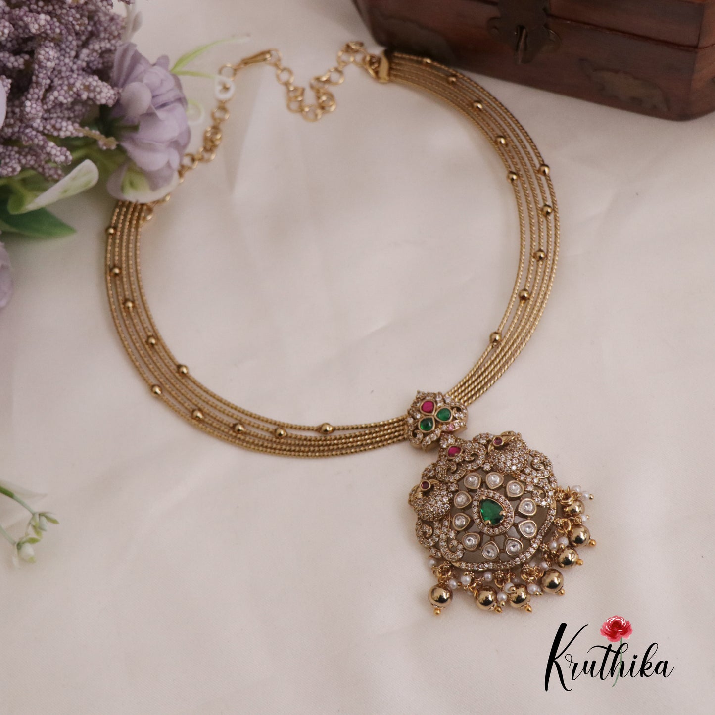 Beautiful AD Victorian Jadau Peacock Hasli Necklace with Beads Drops NC2343 (Available in 2 colours)