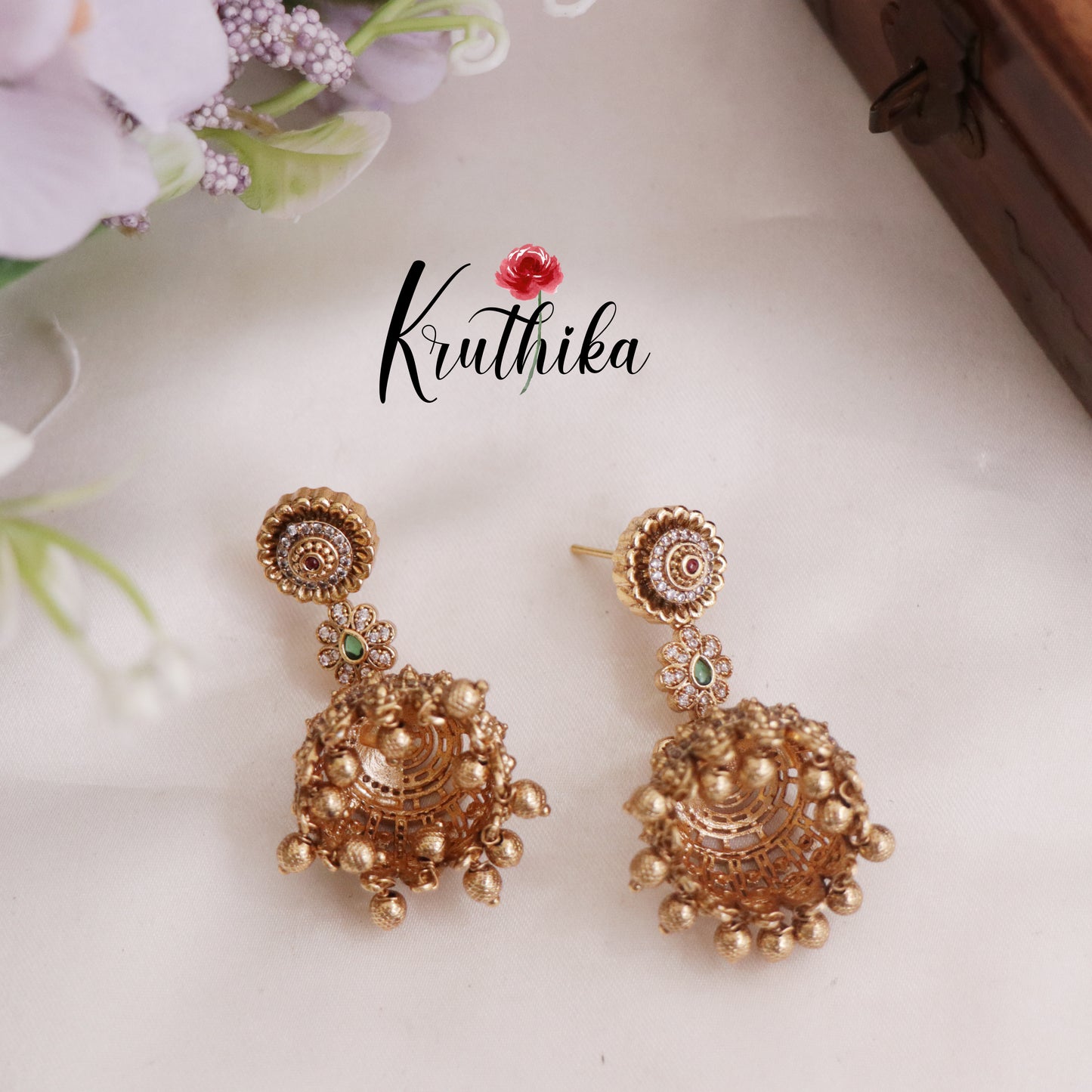 Beautiful Antique Gold Finish Floral Jhumka Earrings E750