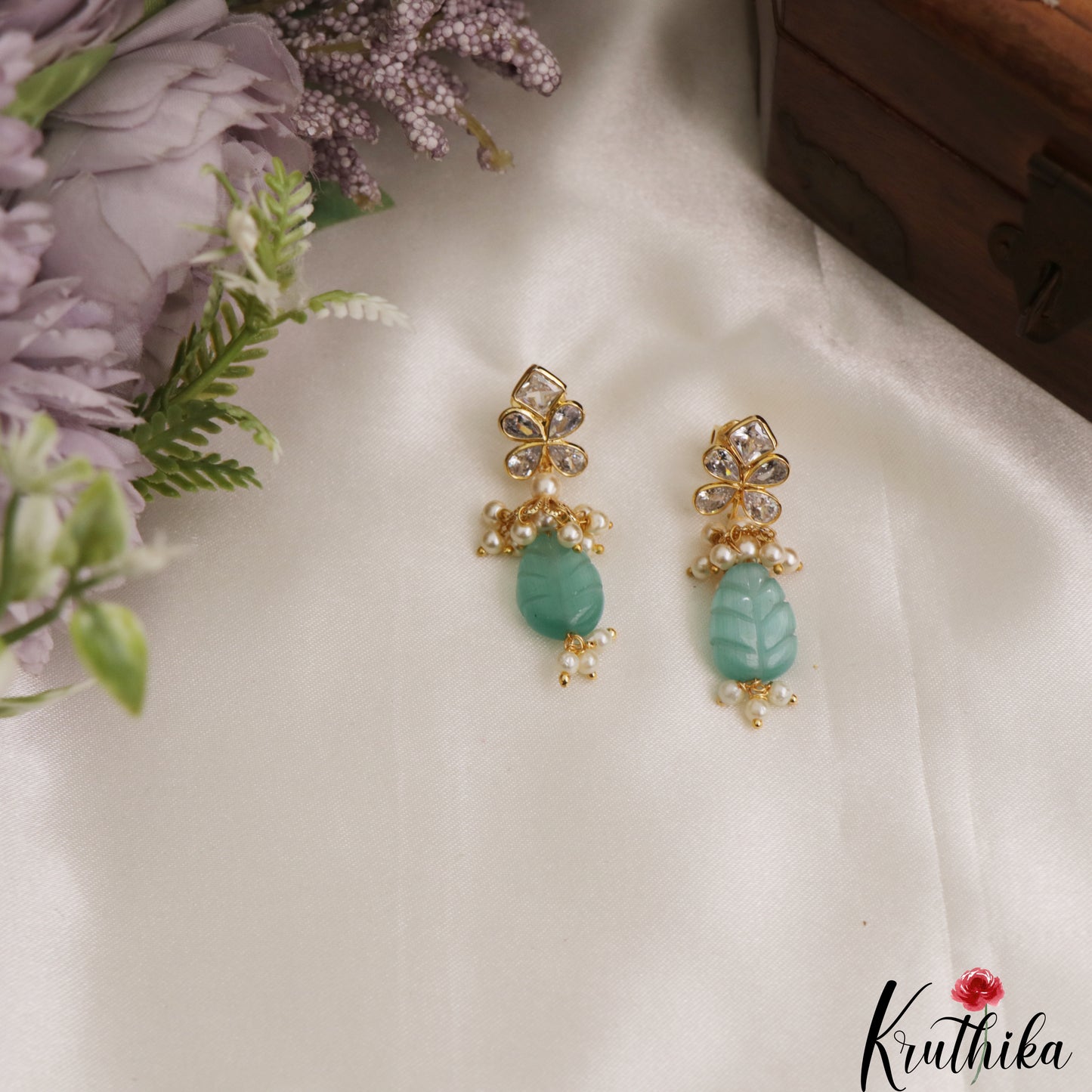 Pretty CZ Floral Motifs Earrings With Interchangeable Stone Drops E1184