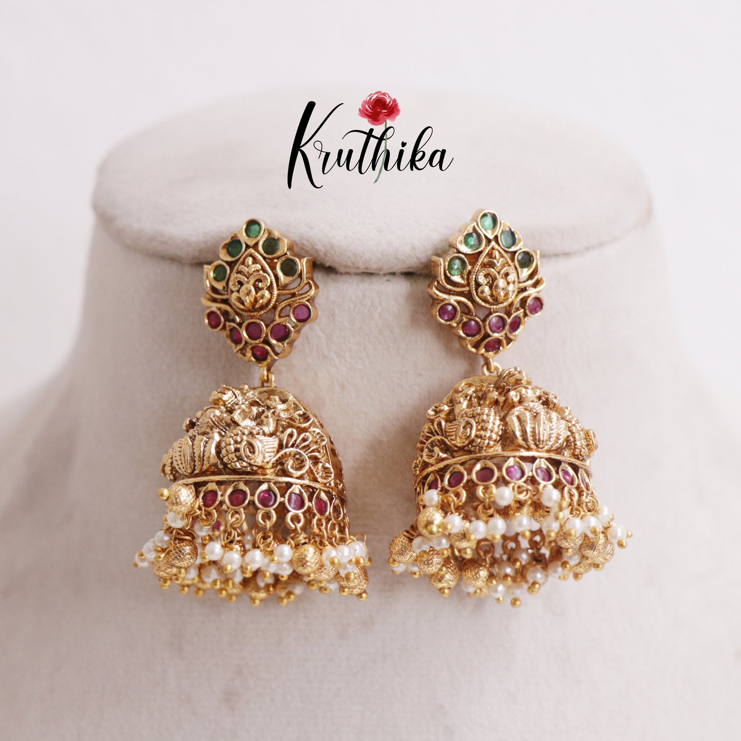 Beautiful Lakshmi Peacock Jhumkas with Golden Beads Drops E753