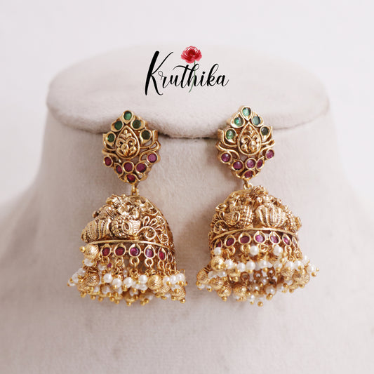 Beautiful Nagas Lakshmi Peacock Jhumkas with Golden Beads Drops E753