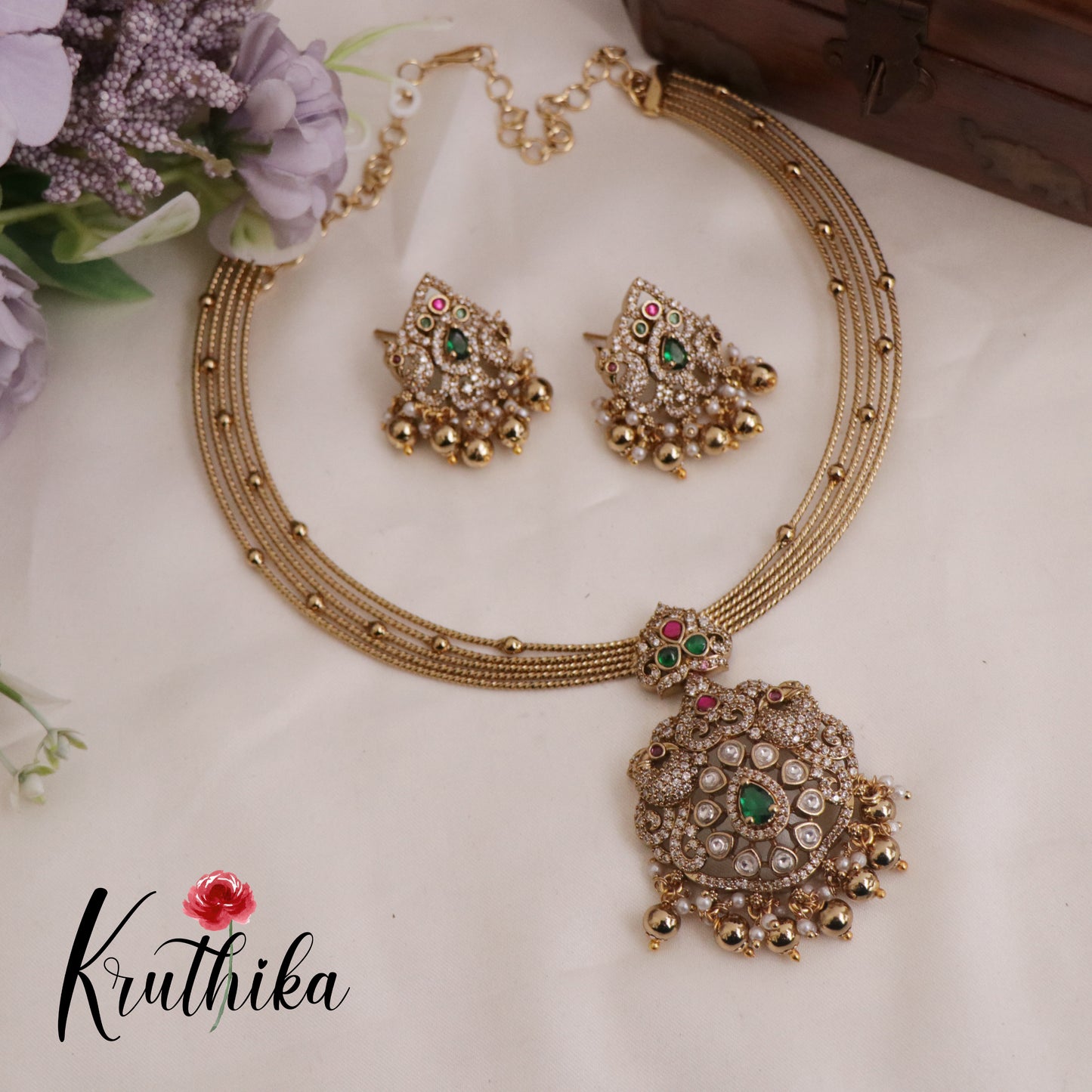 Beautiful AD Victorian Jadau Peacock Hasli Necklace with Beads Drops NC2343 (Available in 2 colours)