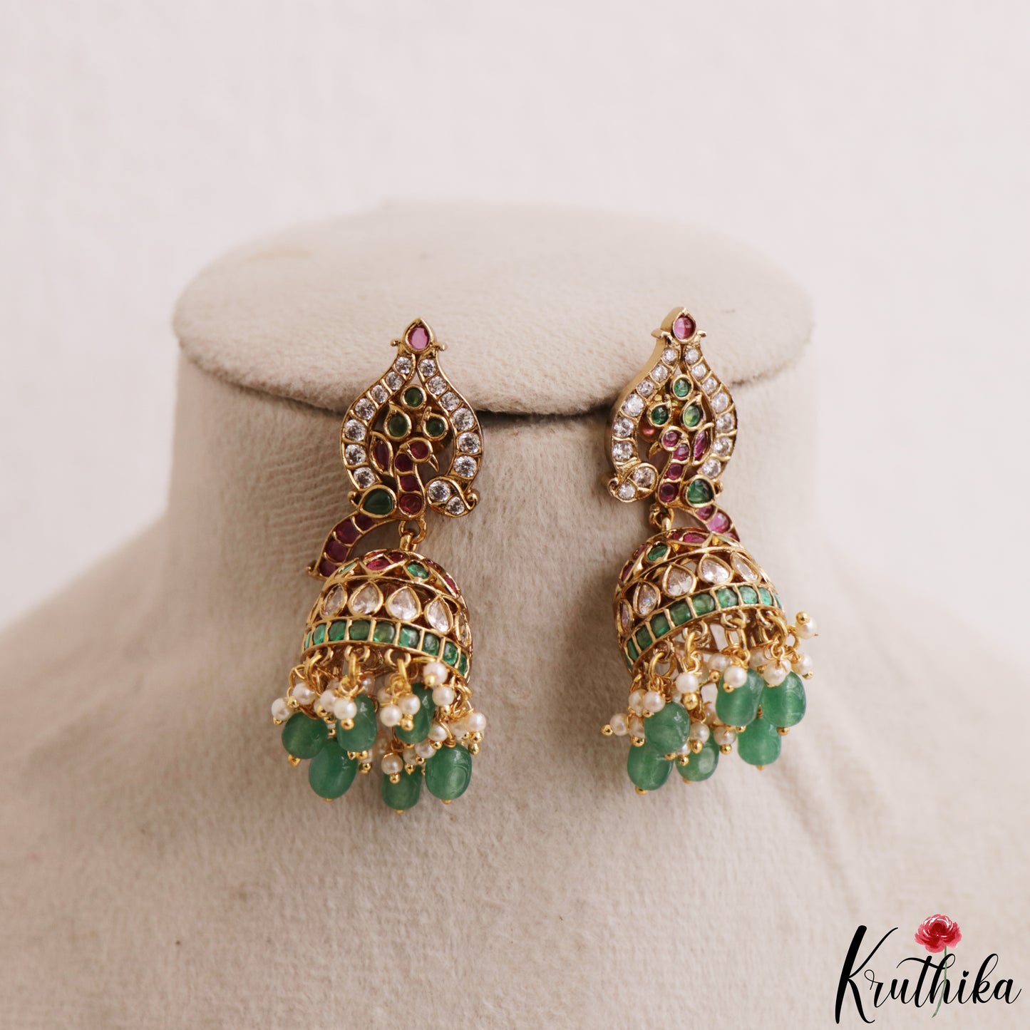 Pretty Peacock Motifs Kemp Jhumkas With Green Bead Drops E1205