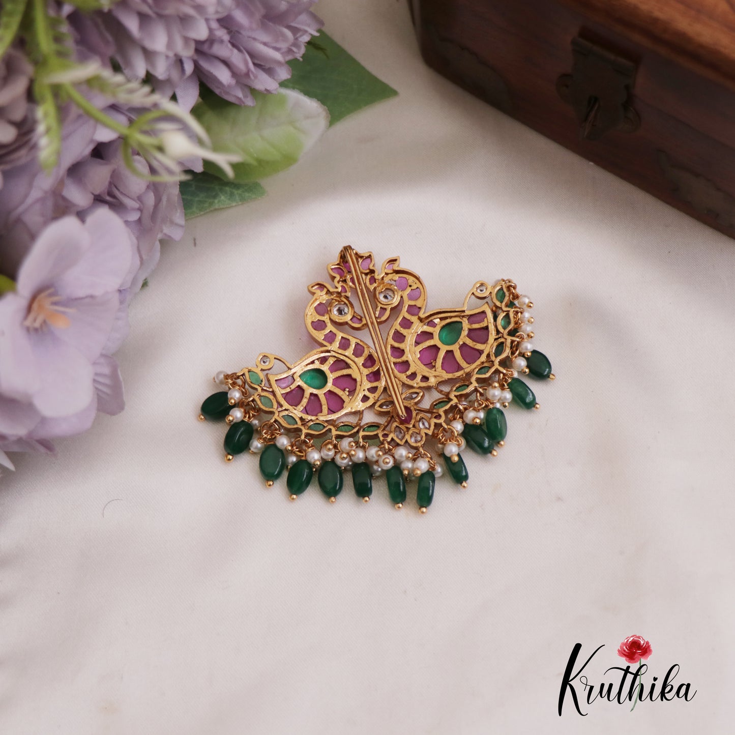 Beautiful Peacock Motifs Kemp Jada Billa With Green Bead Drops J349