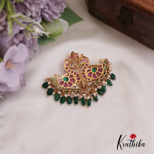 Beautiful Peacock Motifs Kemp Jada Billa With Green Bead Drops J349