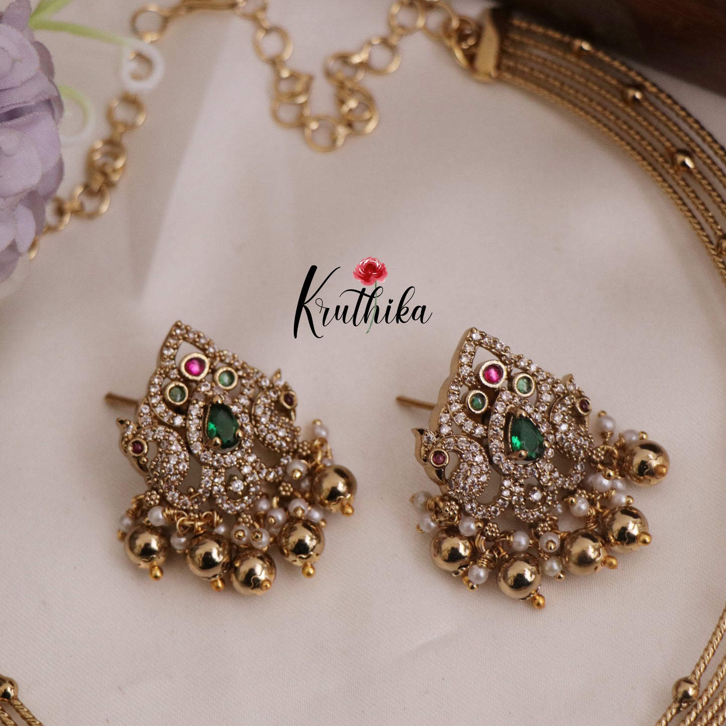 Beautiful AD Victorian Jadau Peacock Hasli Necklace with Beads Drops NC2343 (Available in 2 colours)