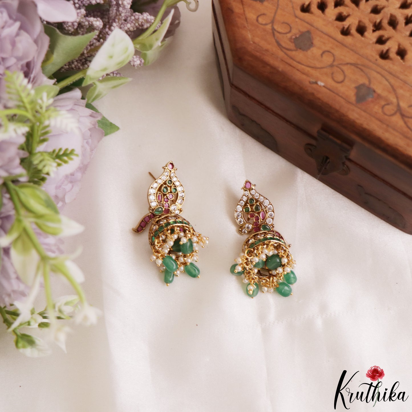Pretty Peacock Motifs Kemp Jhumkas With Green Bead Drops E1205