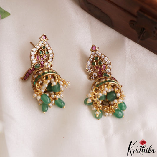 Pretty Peacock Motifs Kemp Jhumkas With Green Bead Drops E1205