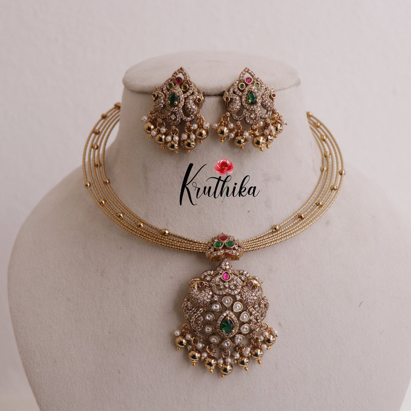 Beautiful AD Victorian Jadau Peacock Hasli Necklace with Beads Drops NC2343 (Available in 2 colours)