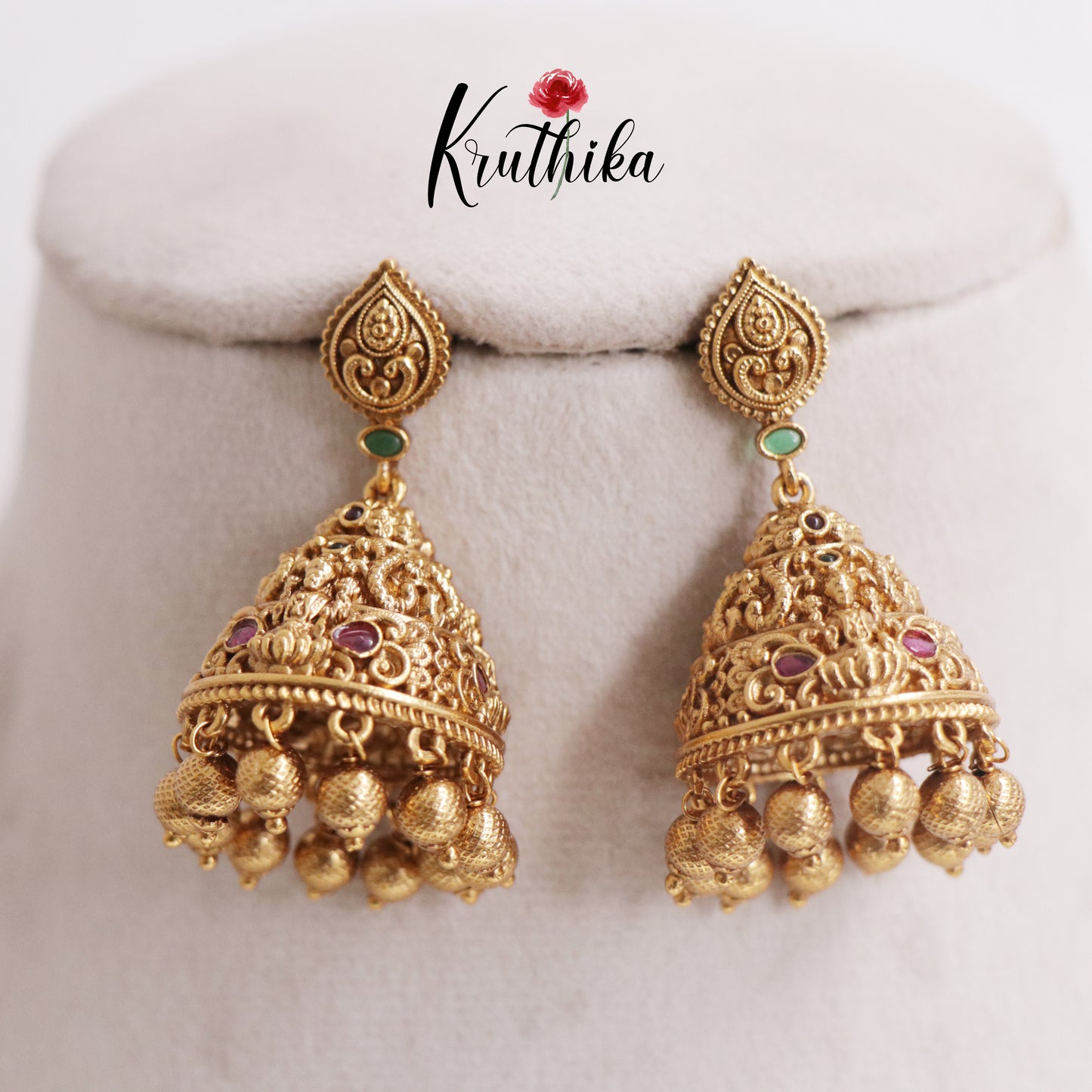 Trendy AD Lakshmi Jhumkas with Golden Beads Drops E754