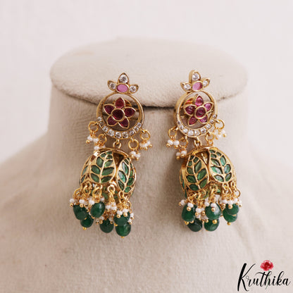 Classic Floral Leaf Motifs Jhumkas With Pearl Bead Drops E1206 (Available In 3 Colors)