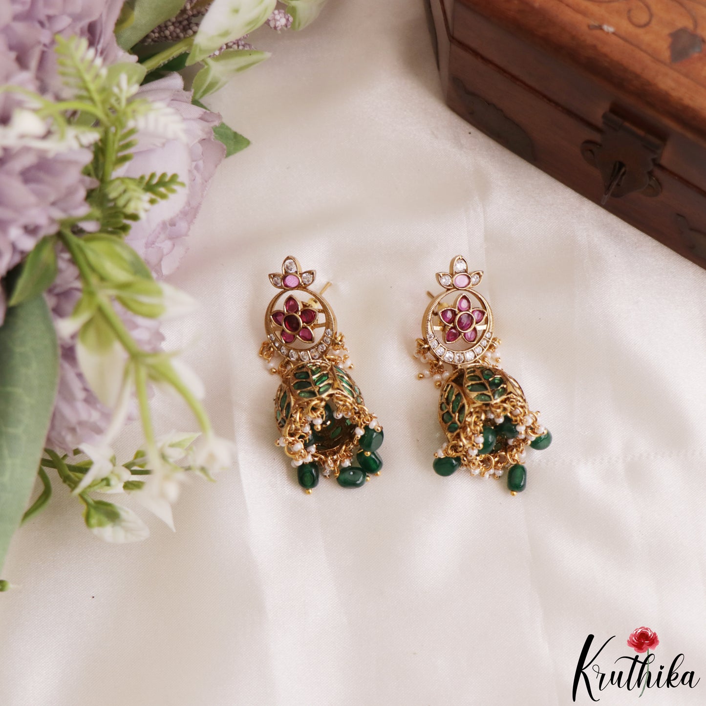 Classic Floral Leaf Motifs Jhumkas With Pearl Bead Drops E1206 (Available In 3 Colors)
