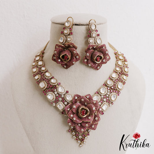 Stunning Rose Blossom Polki Victorian Necklace NC3057 (Available In 2 Colors)