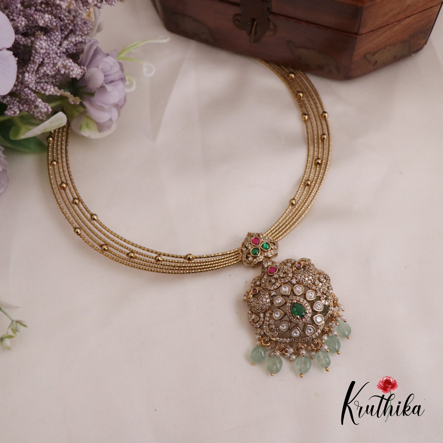 Beautiful AD Victorian Jadau Peacock Hasli Necklace with Beads Drops NC2343 (Available in 2 colours)