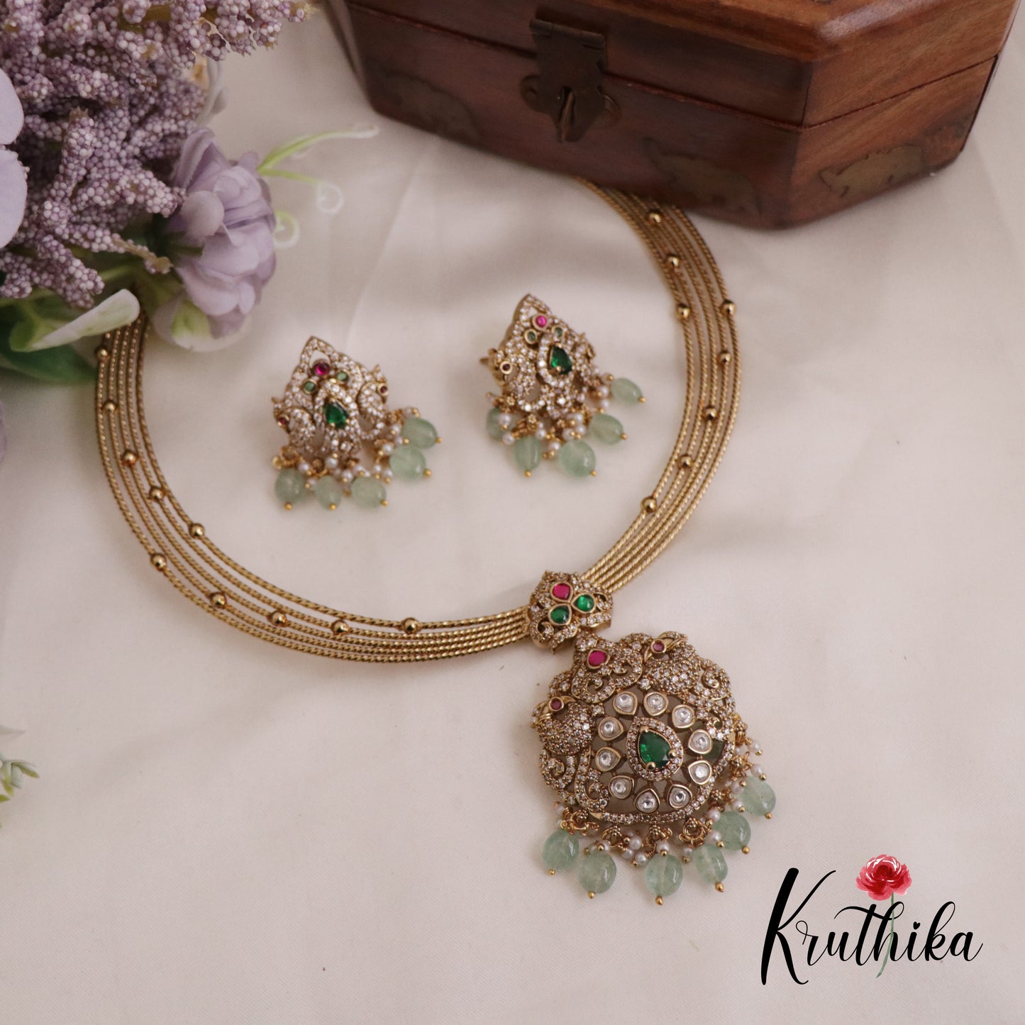 Beautiful AD Victorian Jadau Peacock Hasli Necklace with Beads Drops NC2343 (Available in 2 colours)