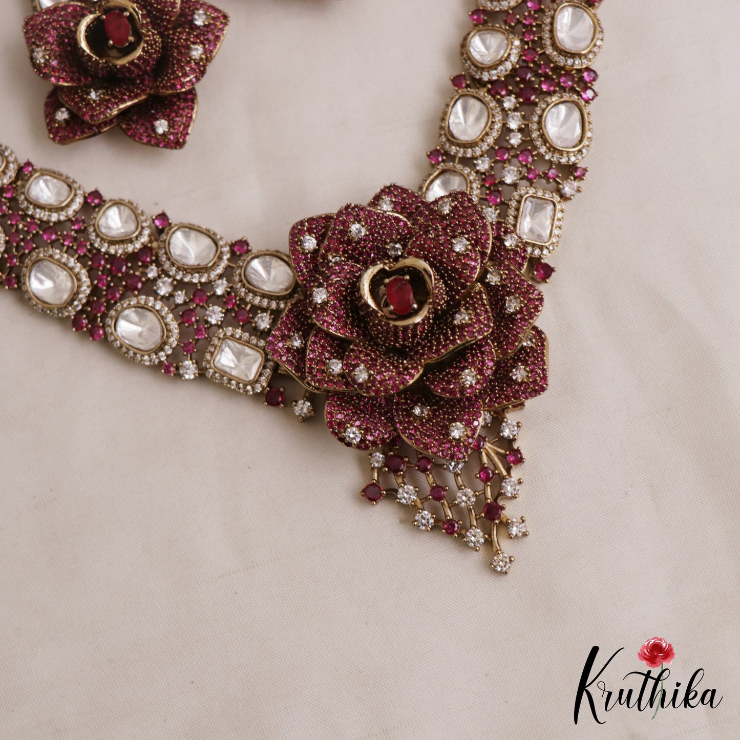 Stunning Rose Blossom Polki Victorian Necklace NC3057 (Available In 2 Colors)