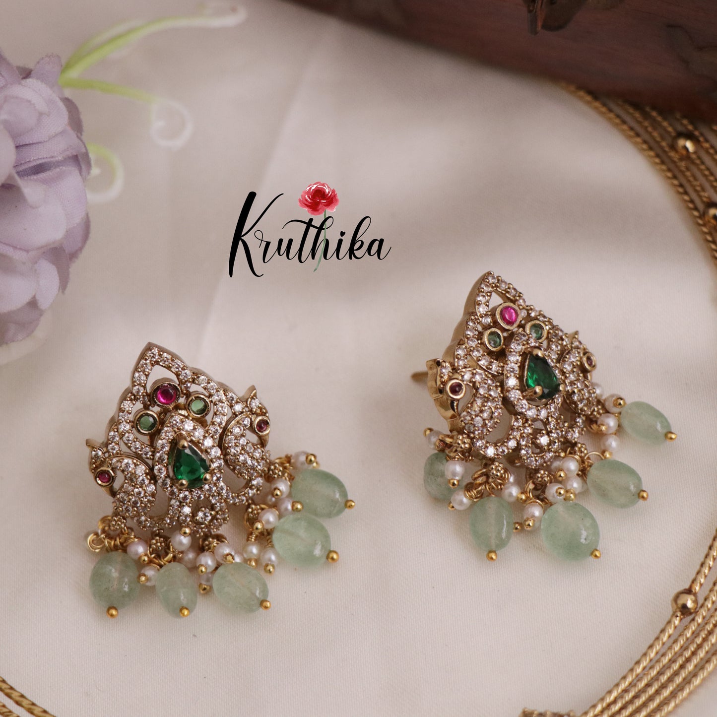 Beautiful AD Victorian Jadau Peacock Hasli Necklace with Beads Drops NC2343 (Available in 2 colours)