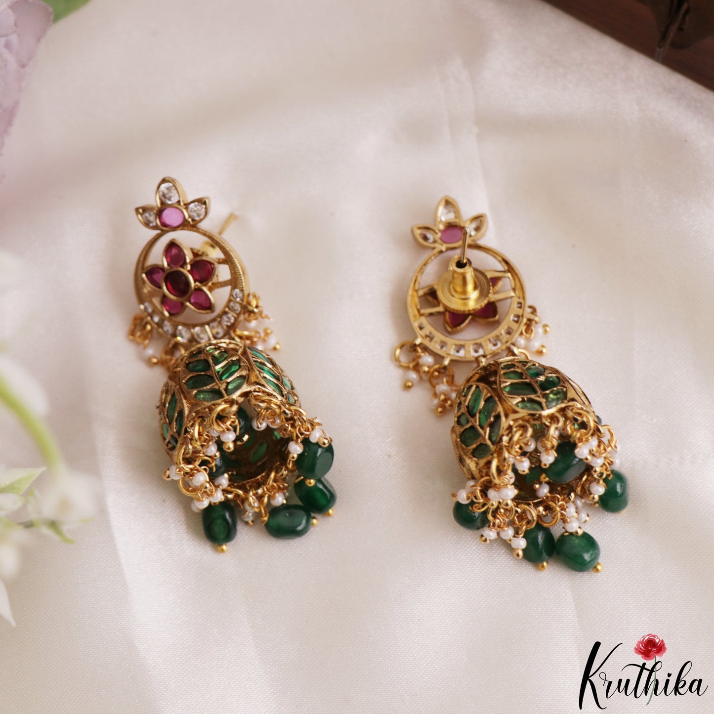 Classic Floral Leaf Motifs Jhumkas With Pearl Bead Drops E1206 (Available In 3 Colors)