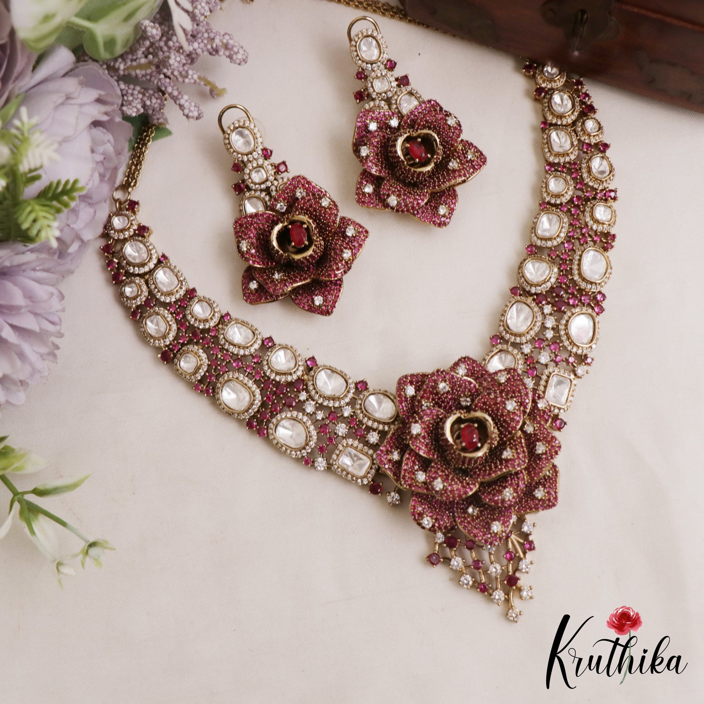Stunning Rose Blossom Polki Victorian Necklace NC3057 (Available In 2 Colors)