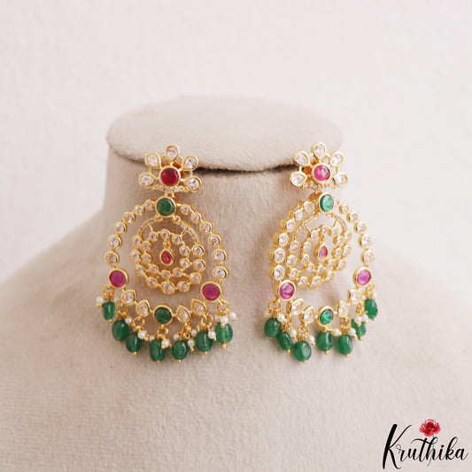 Trendy Floral Geometric Motifs Earrings With Green Bead Drops E1207
