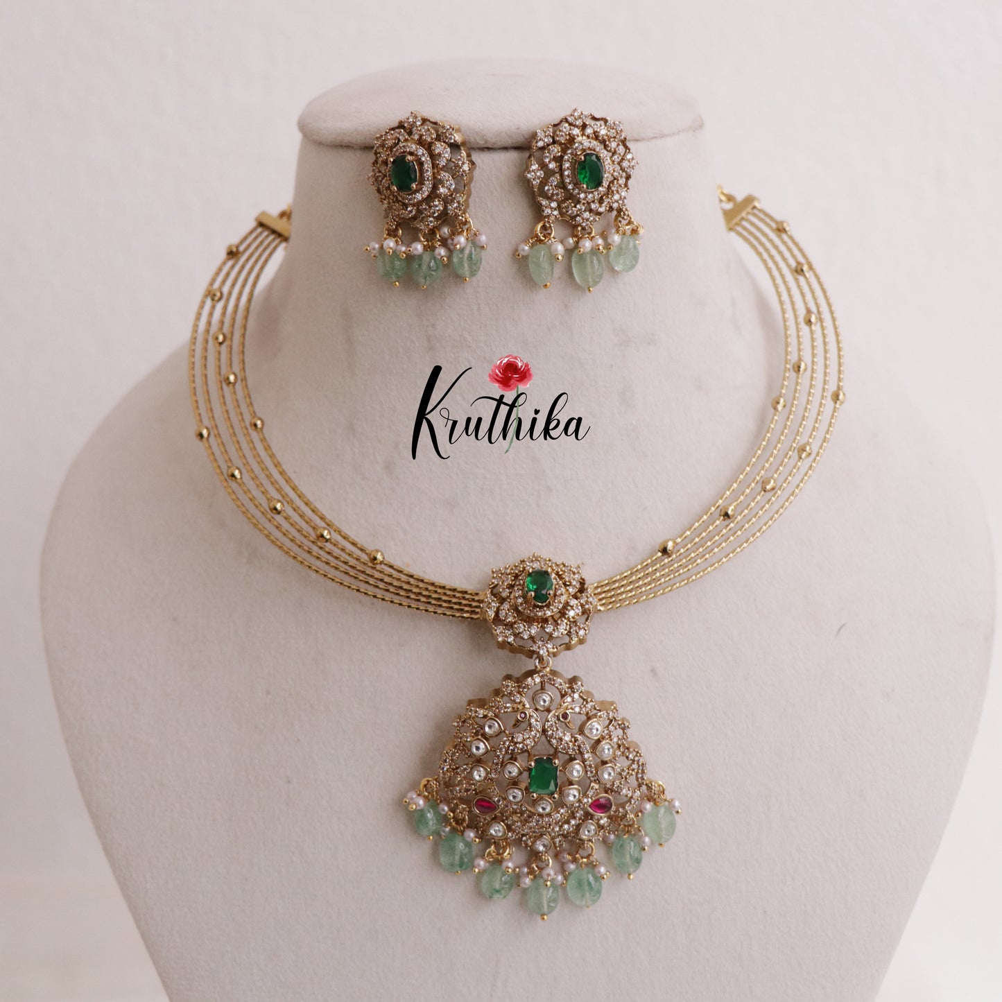 Simple AD Victorian Jadau Peacock Hasli Necklace with Beads Drops NC2342 (Available in 3 Colours)