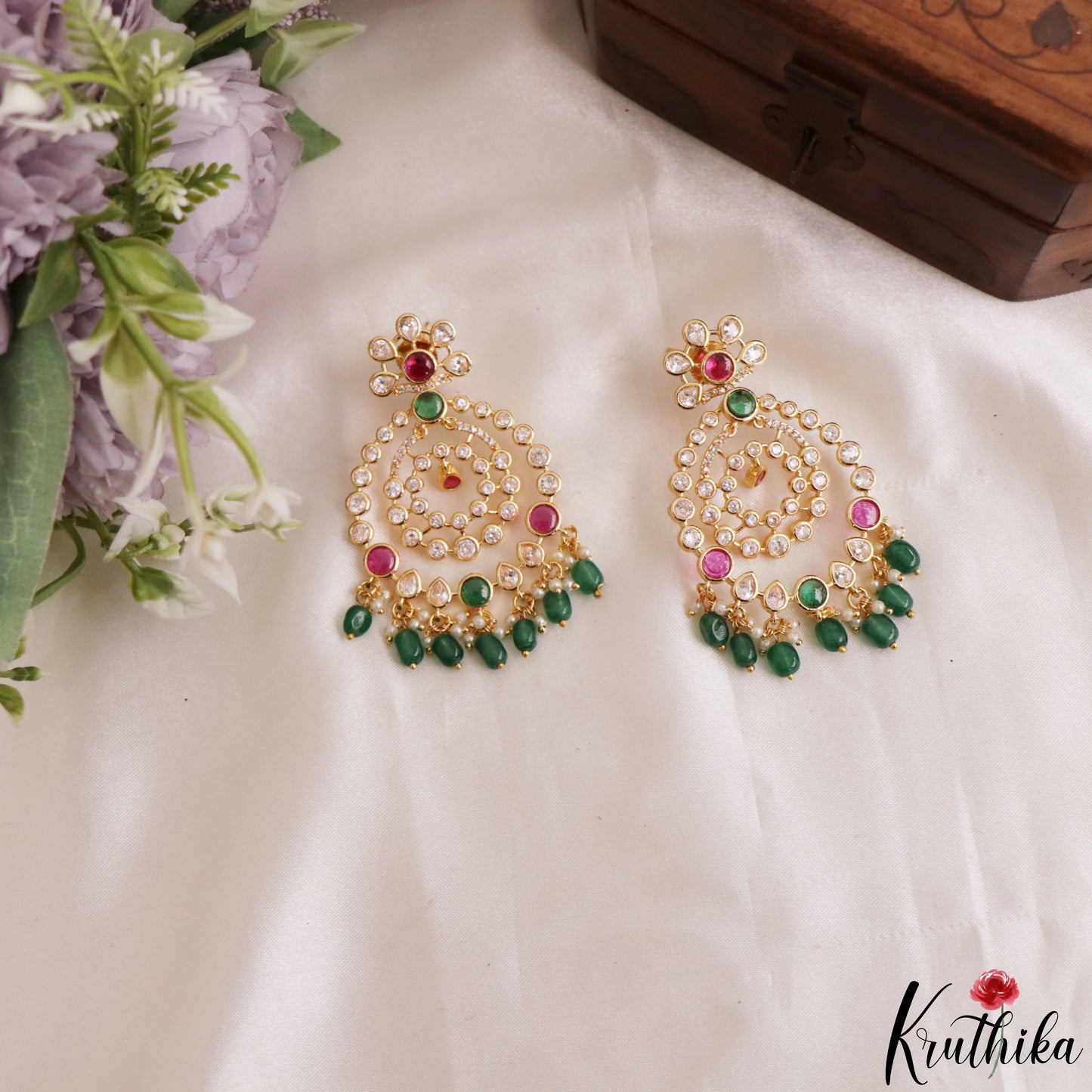 Trendy Floral Geometric Motifs Earrings With Green Bead Drops E1207