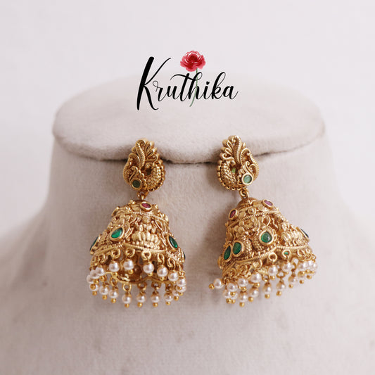 Beautiful Temple Lakshmi Peacock Jhumka with Golden Beads Drops E758